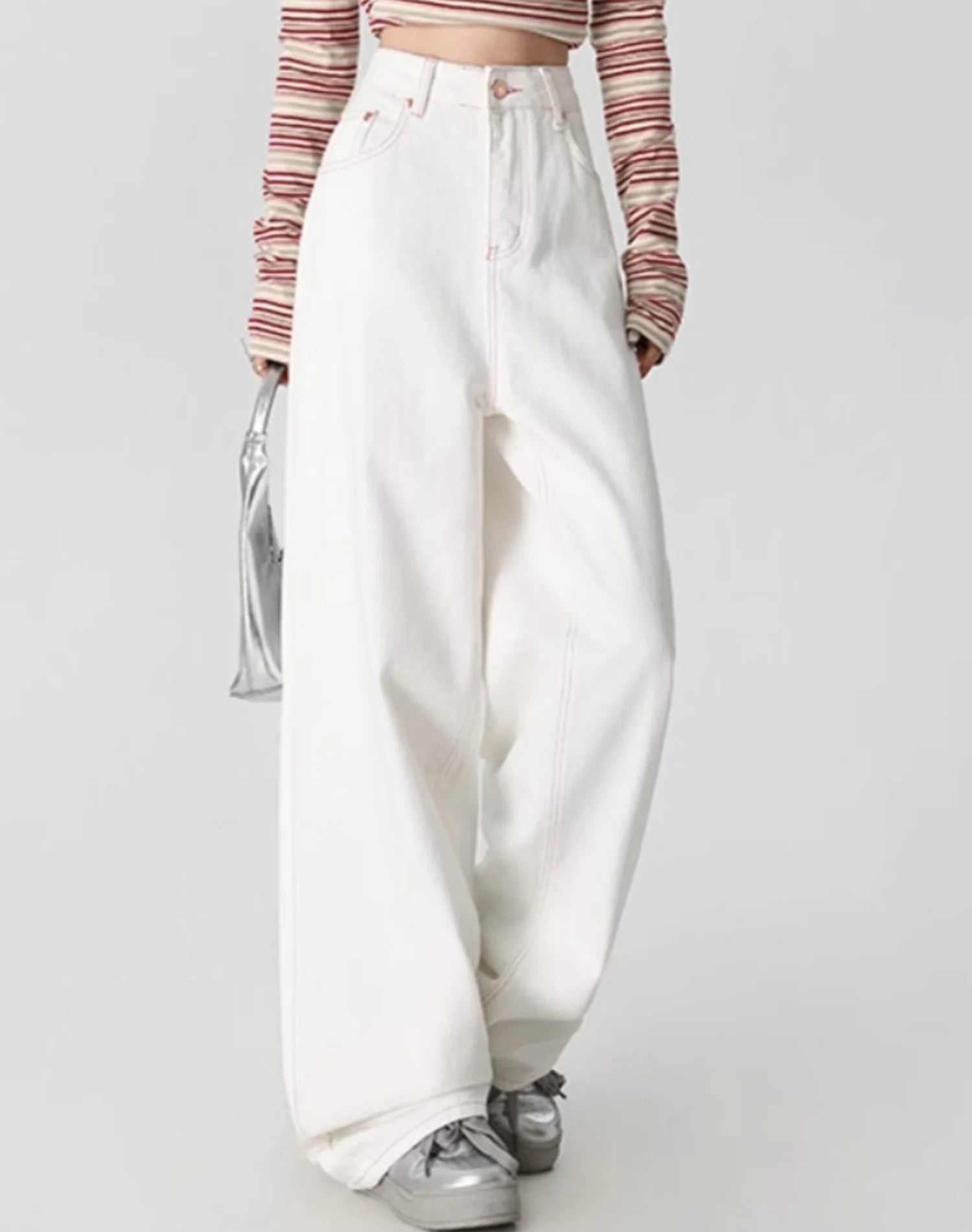 White wide-leg jeans new style for autumn 2025 Back pocket with bow embroidery Loose fit slimming and with good drape